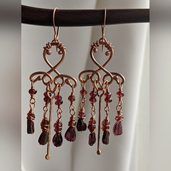 Handmade Garnet Chandelier Earrings Romantic Copper Jewelry - Picture 3 of 13